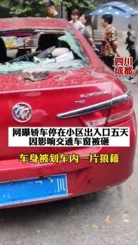 四川成都， 网曝轿车停在小区出入口五天，因影响交通车窗被砸。